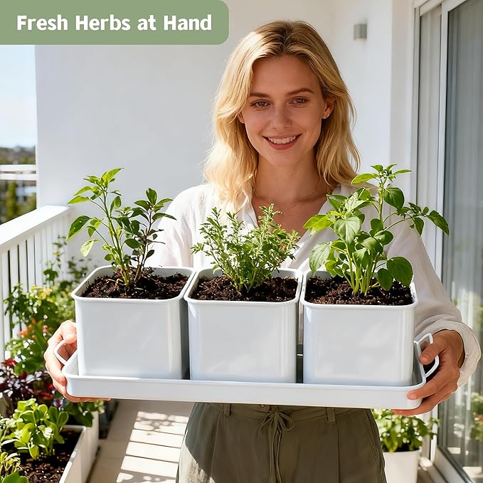 Indoor Herb Garden, Herb Planter Set with Handled Tray, 3 Iron Indoor Plant Pots with Drainage Holes, Windowsill Planter with Customizable Labels, Marker Pen, 10 Plant Labels, Window Pots, White