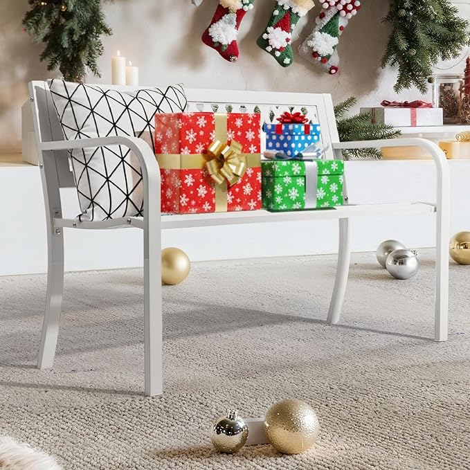 VINGLI 47'' Outdoor Bench, Weather Resistant Garden Patio Bench Powder Coated Iron Frame w/PVC Mesh Backrest Slatted Seat, 2-Person Outdoor Furniture for Front Porch Entryway Park (White)