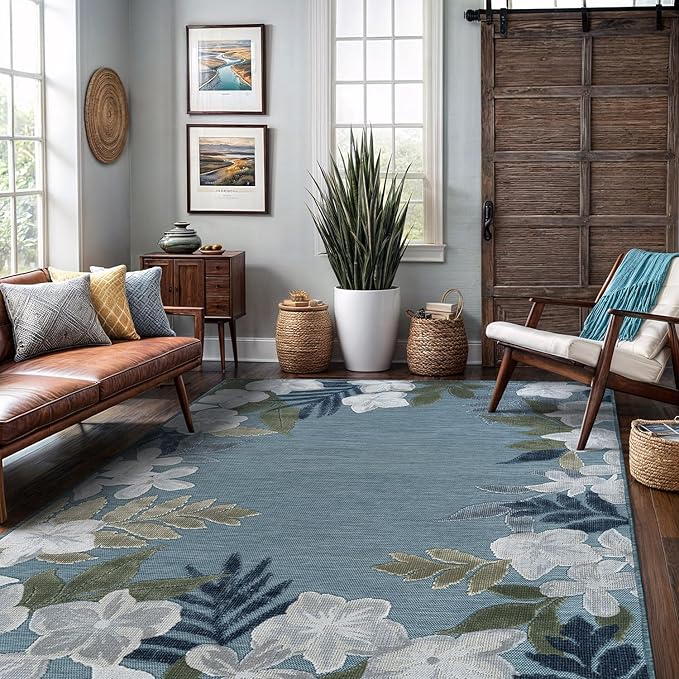Outdoor Rug 6x9 Washable Area Rugs Indoor Outdoor Carpets Aqua Border Floral Non Shedding Waterproof Easy Clean Patio Deck Porch Living Room Bedroom Garden RV (6 X 9 Aqua)