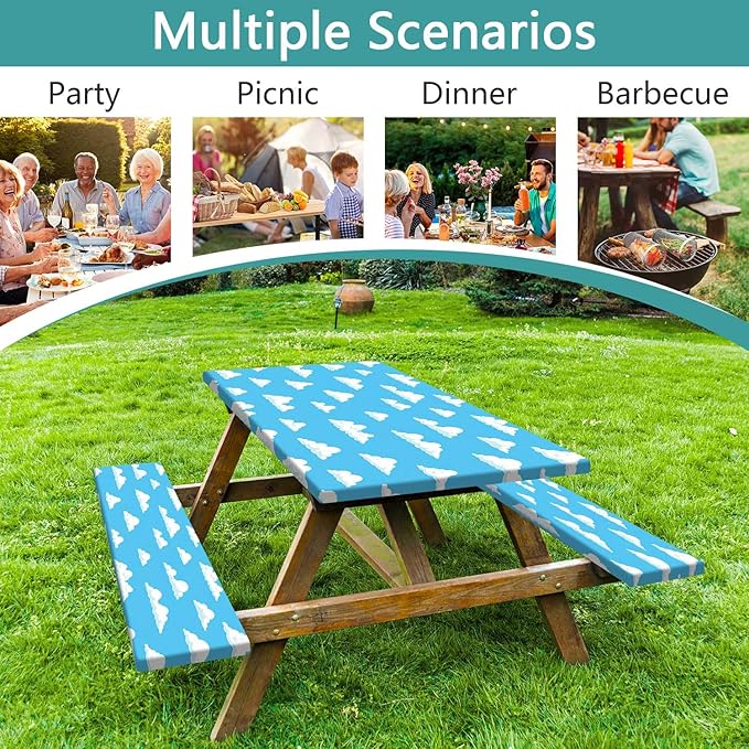 Picnic Table Cover with Bench Covers and Bag, Outdoor Waterproof Windproof Tablecloth with Elastic Edges, Camping Accessories RV Gear Campers 3 Pcs Set, 72X30in Blue Sky Cloud