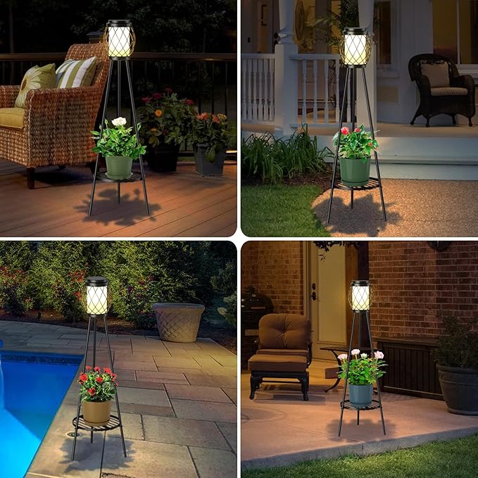 MXwcy Solar Lights Outdoor with Plant Stands 2 Pack, Solar Floor Lamp Metal Tripod Patio Lights for Garden Yard Pathway Driveway Front/Back Porch Decoration