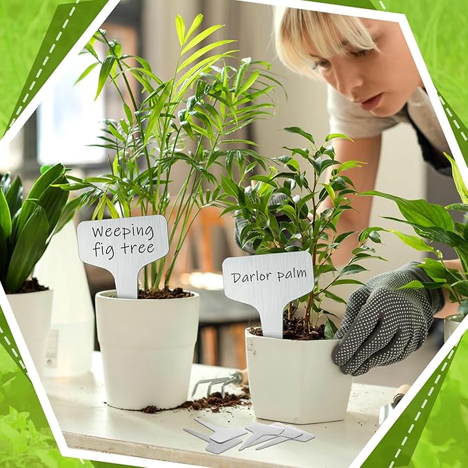 Hicarer 24 Pcs Metal Plant Labels Weatherproof Garden Markers 4" x 8" Engraving Stainless Steel 304 T-Type Plant Tags Reusable Nursery Tags for Outdoor Garden Greenhouse Vegetables Herb Flower Seed