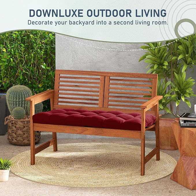 downluxe Outdoor Bench Cushion for Patio Furniture, Waterproof Tufted Overstuffed Porch Swing Cushions, Thick Outdoor Loveseat Cushions, 44" X 19" X 5", Burgundy, Set of 1