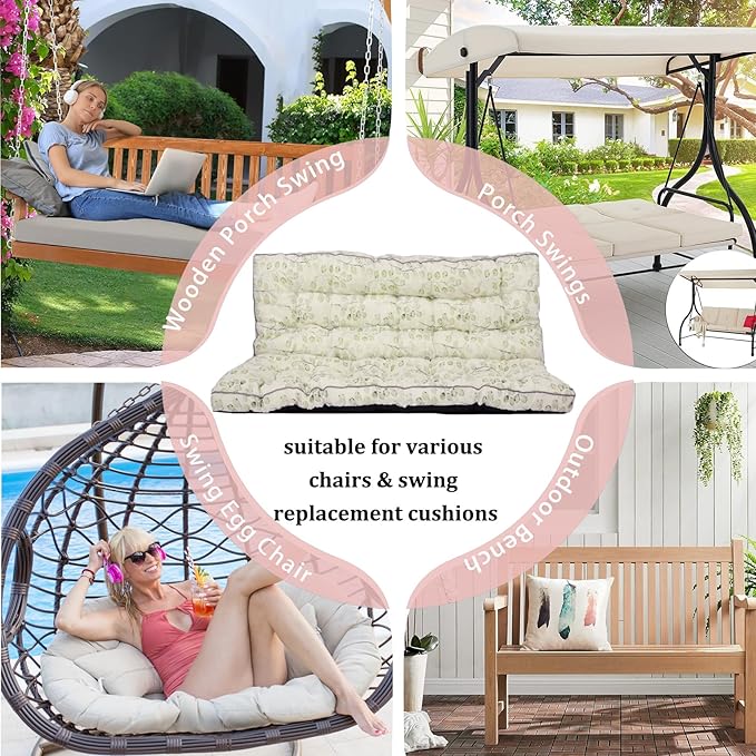 2-3 Seat Swing Replacement Cushion, Outdoor Bench Cushions with Backrest Thicken 4", Patio Furniture Garden Porch Loveseat Glider Pad Anti-Fading Waterproof (White Leaf, 40x63in-thicken)