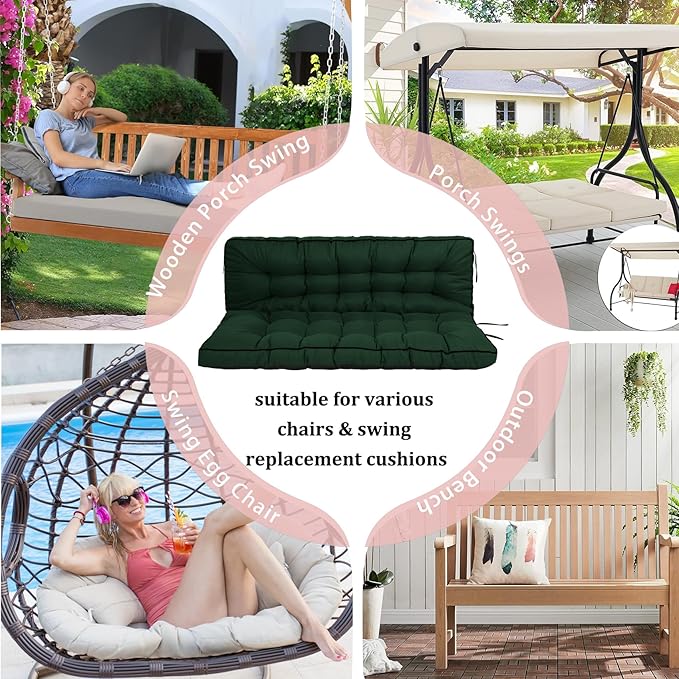 2-3 Seat Swing Replacement Cushion, Outdoor Bench Cushions with Backrest Thicken 4", Patio Furniture Garden Porch Loveseat Glider Pad Anti-Fading Waterproof (Dark Green, 40x55in)