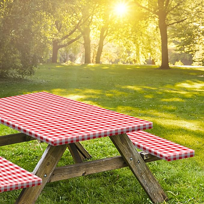 KENOBEE 7ft Picnic Table and Bench Cover, Camping Essentials RV Gear, 84 in Waterproof Windproof Outdoor Elastic All Around Tablecloth, Fitted Rectangle Tables and Seats, Red-White Checkered