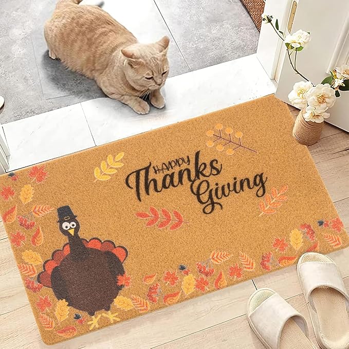 Thanksgiving Doormat Turkey Maple-Leaf for Front Door Indoor Outdoor Entrance Porch, Faux-Coir Non-Slip Dirt-Trapping Fall Decor Door Mat 17"x30"