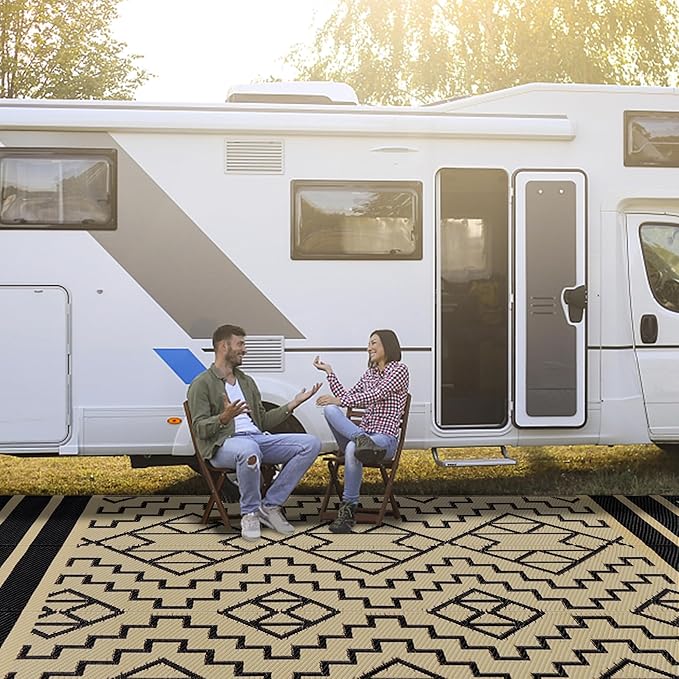 SAND MINE Reversible Mats, Plastic Straw Rug, Modern Area Rug, Large Floor Mat and Rug for Outdoors, RV, Patio, Backyard, Deck, Picnic, Beach, Trailer, Camping (9' x 12', Black & Beige)