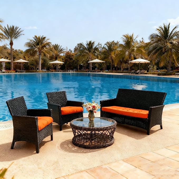 Patio Furniture Cushions Outdoor, Waterproof Wicker Chair Cushions Set of 3, 1 Loveseat & 2 Seat Pads, Thick Outdoor Replacement Cushions for Porch Lawn Bench Couch Sofa Swing, Orange