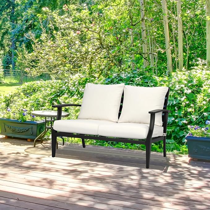 Aoodor 21" x 21" Patio Deep Seat Cushion Set, Water Resistant & Fade Resistant Outdoor Furniture Cushions with Adjustable Straps for Patio, Deck, Garden, Set of 2, Ivory