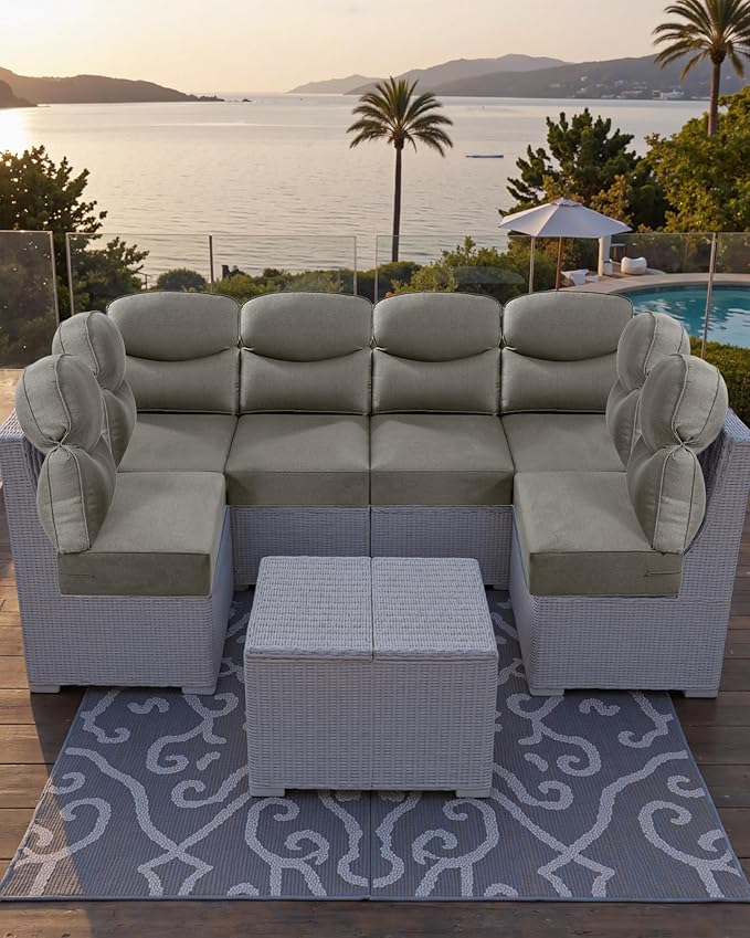 Luxury 24x24x6 Outdoor Corner Cushion 1 Set - Water-Repellent 3-Piece Cushion Set with Zipper for Outside Rattan Wicker Sofa Loveseat Chair Sectional Patio Conversation Sets - Grey/Smile