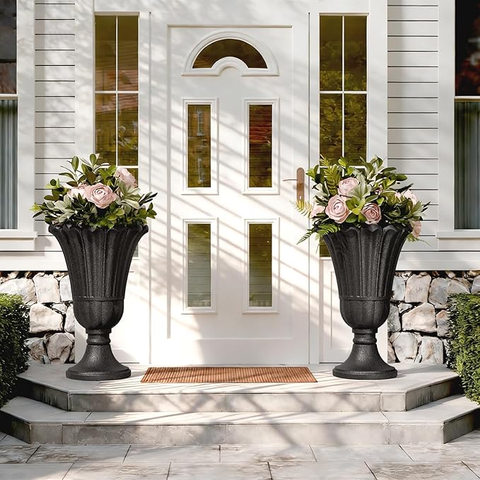 Tall Plastic Urn Planters for Outdoor Plants Set of 2-23.6" H Classic Petal Design Indoor Large Flower Pots with Drainage Holes, Outdoor Planters for Porch Decor/Garden Vase, Black