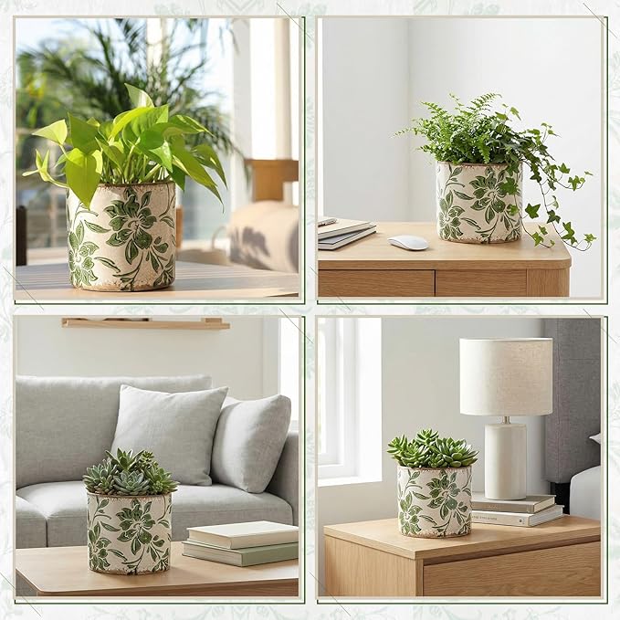 Indoor Ceramic Plant Pots with Drainage Hole 5 Inch Chinese Glaze Ice Crack Flower Pot Vintage Succulent Pots Porcelain Decorative Planter for Plants Herb Home Decor(Green,Leaves Style)