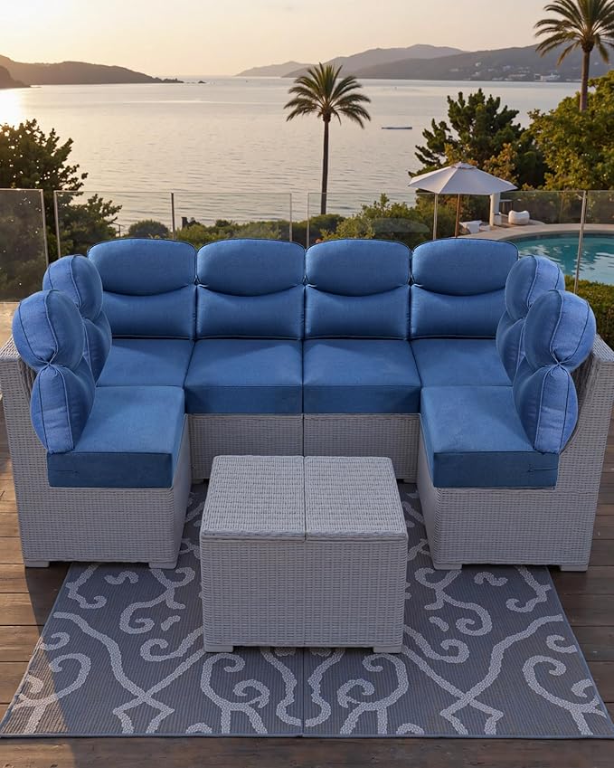 Luxury 24x24x6 Outdoor Corner Cushion 1 Set - Water-Repellent 3-Piece Cushion Set with Zipper for Outside Wicker Sofa Loveseat Chair Sectional Patio Conversation Sets - Navy Blue/Smile