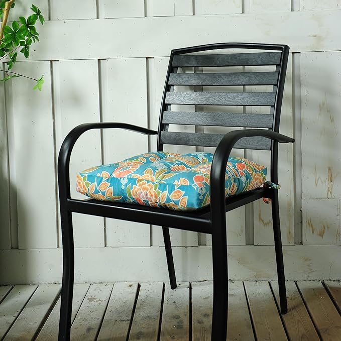 2-Pack Outdoor/Indoor Wicker Patio Seat Cushion Pad with Ties - Dining Chair Cushion, 17" x 17" (Green Bottom Flowers)
