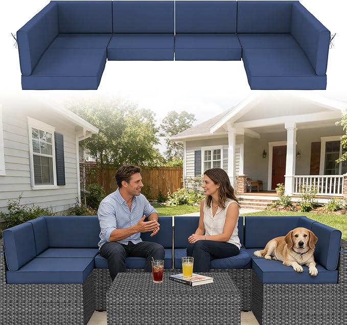 14 Pcs Outdoor Replacement Cushions for Patio Furniture, All Weather Water Resistant Cushion for 6 Seat Rattan Wicker Sectional Patio Conversation Sets and Couch (Light Blue)