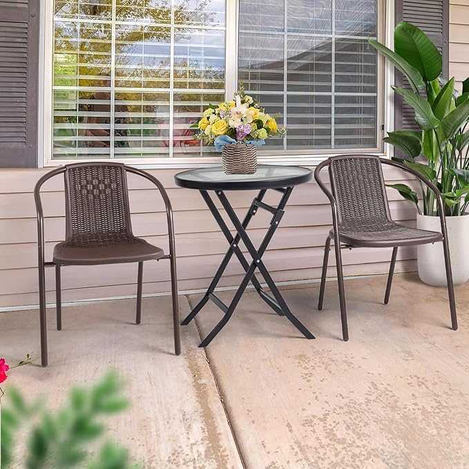 VINGLI Rattan Outdoor Dining Chairs Set of 4, Durable PE Plastic Stackable Patio Chairs with Comfortable Curved Back and Armrests for Indoor, Porch, Restaurant, Garden, Brown