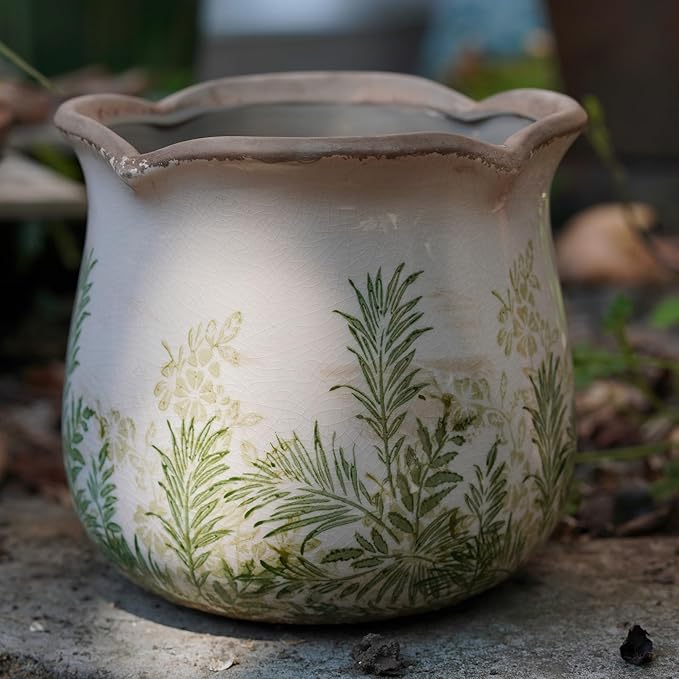 Rustic Ceramic Planter, 6 Inch Tuscan Vintage Flower Pot with Drainage, Farmhouse Garden Pot for Indoor Plants, Kitchen & Garden Tuscan Decor, Plant Lover Gift (Grass Green)