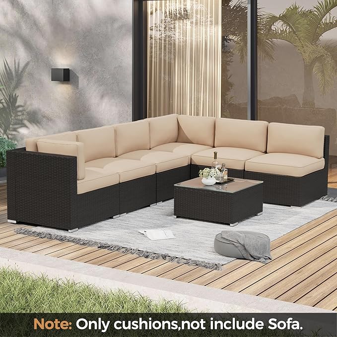 Crownland 14 Piece Outdoor Furniture Replacement Cushions, Sofa Cushions for 6 Seat Rattan Wicker Sectional Patio Conversation Sets, Water-Resistant Cushion, Light Brown