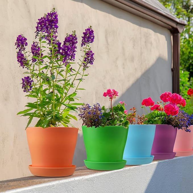 Yaomiao 48 Pcs 4 Inch Colorful Plastic Plant Pots with Tray Flower Plant Pots Seedling Nursery Pots with Drainage Holes for Home Garden Flowers Outdoor Indoor Succulents Plants