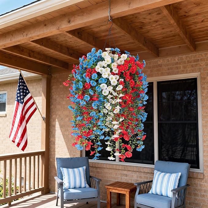 Artificial Hanging Petunias Flowers for Outdoor, 8pcs Fake Plants Long Vine Morning Glory Eucalyptus, UV Resistant Realistic Faux Greenery Outside Patio Porch Garden Spring Decor, Red Blue White