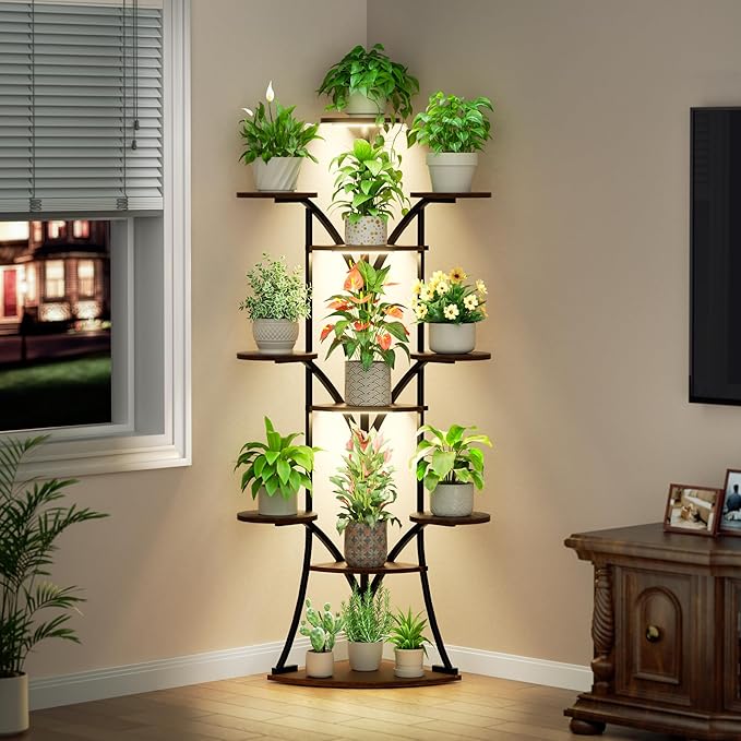 Plant Stand Indoor with Grow Lights-63'' Tall Plant Shelf, Corner Plant Stands for Indoor Growing, Tiered Plant Shelves Large Flower Holder for Indoor Plants, V-Shaped Decorative Rack for Home, Black