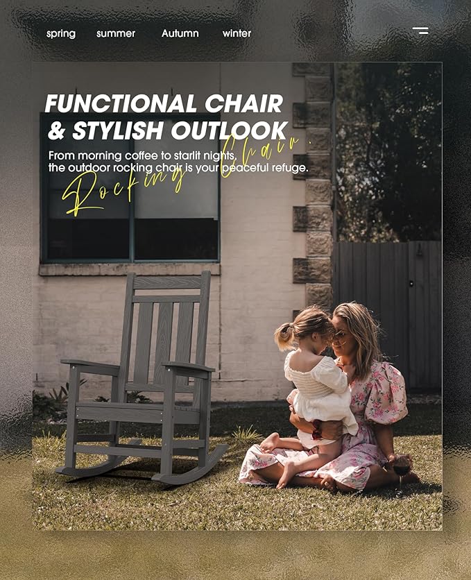 KINGYES Outdoor Rocking Chair, All-Weather Patio Rocking Chairs for Porch, HDPE Rocking Outdoor Chairs with High Back for Adult, Heavy Duty Outdoor Patio Rockers for Garden, Lawn, Gray