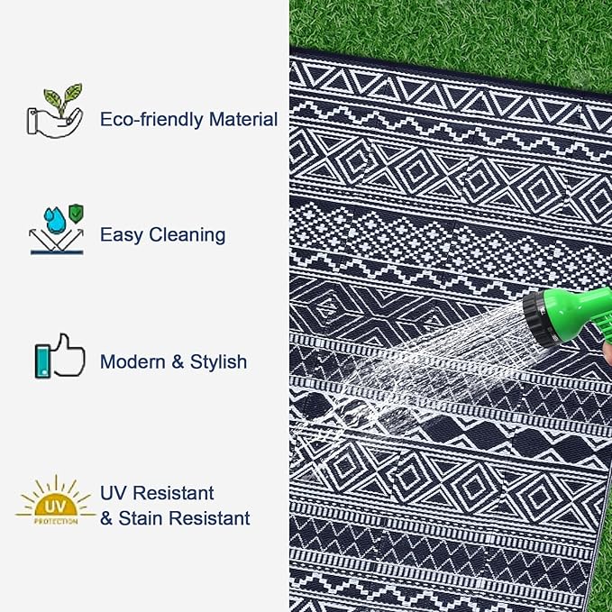 GarveeLife Outdoor Plastic Straw Rug 9x12 Waterproof UV Resistant Patio Rug Lightweight Floor Mat for Camping, Picnic, Backyard, RV, Beach, Picnic, Dark Blue & White