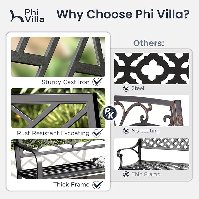 PHI VILLA 43 Inch Cast Iron Steel Frame Outdoor Garden Bench, Patio Furniture Chair Bench w/Line Pattern Design Backrest, Slatted Seat for Park, Yard, Porch - Black
