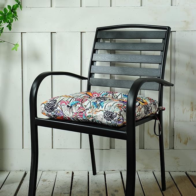2-Pack Outdoor/Indoor Wicker Patio Seat Cushion Pad with Ties - Dining Chair Cushion, 17" x 17" (Black Purple Flowers)