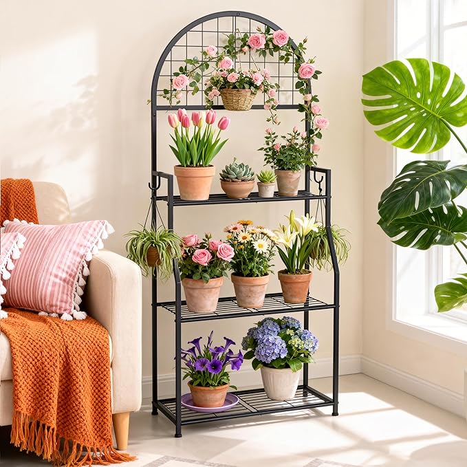 3 Tier Plant Stand Indoor Outdoor, Metal Plant Display Stand Plants Shelf Rack for Multiple Plants, Black Flower Plante Pots Holder for Patio Garden Balcony Living Room
