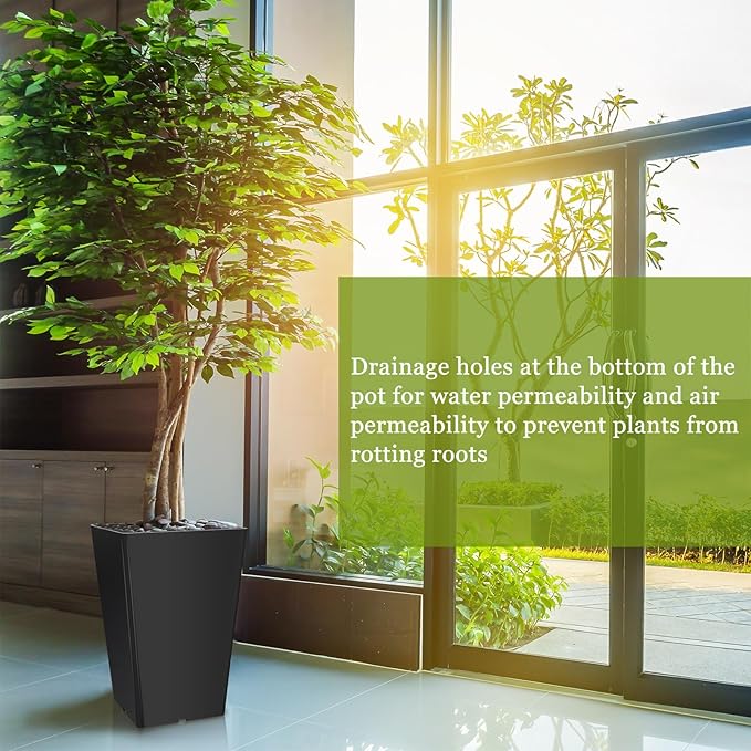 Set of 2 15.75 Inch Large Taper Planters Outdoor Indoor Tall Resin Flower Pots with Drainage Holes Modern for Front Door Patio Backyard Plants(Black)