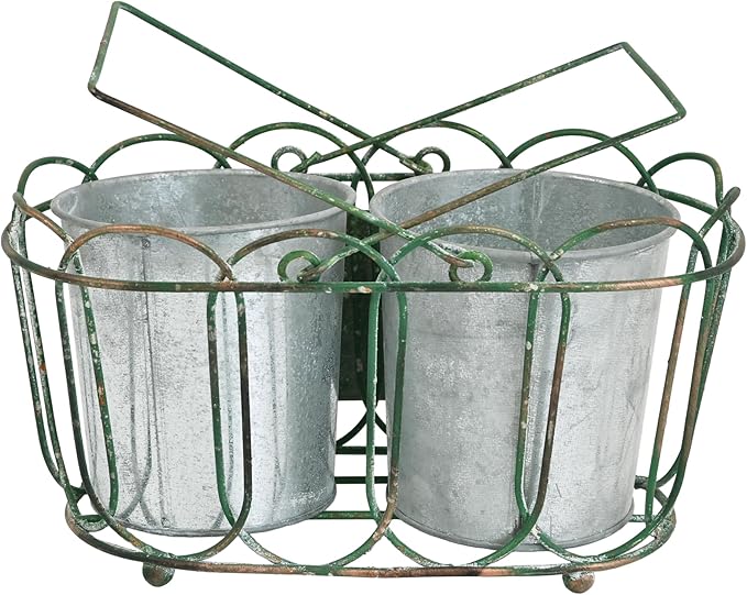 Vintage 2-Piece Metal Planter Set, Distressed Green Iron Wire Basket with Flowers Garden Sign, Rustic Farmhouse Plant Pots for Tabletop, Window Sill & Balcony Decor