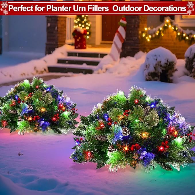 8 Modes&Timer -2 Pack 24" Lighted Christmas Tree Outdoor Urn Filler with Warm White & Multi-Color Change Lights Snowy Pinecone Berries Tripod Stake Xmas Trees Planter Filler Christmas Decor Yard Porch