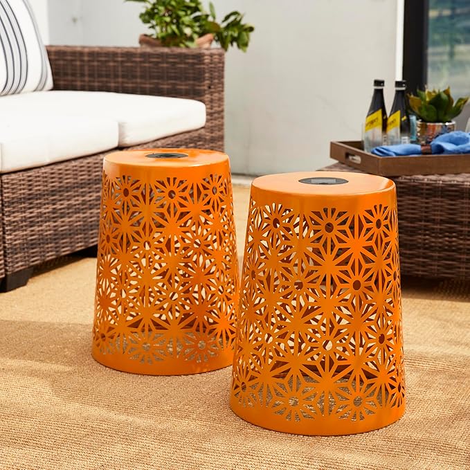 Glitzhome Ourdoor Side Table Set of 2,Solar Iron Cutout Geometric Pattern Decorative Garden Stool Planter Stand,Accent Table or Lantern for Patio Poolside Party Yard,Orange