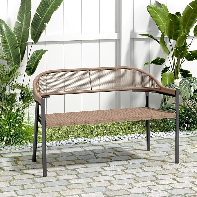 Outdoor Loveseat Bench,46.8 Inches Wicker Frame Patio Bench, All Weather Outdoor Bench with Rattan Backrest Armrests and Metal Legs for Lawn, Front Porch, Park, Yard