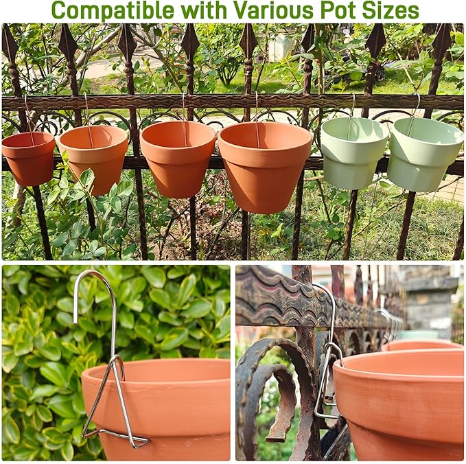 10 Packs Terracotta Pots Hanger Hooks,Sturdy Thick Stainless Steel Plant Hanger,Flower Pot Holders for Clay Pots,Wall and Fence Mounted Plant Hanging Holder for Terra Cotta Pot(Vertical Hang,10Pack)