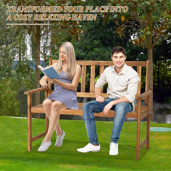 Outdoor Garden Wooden Bench,2-Person Garden Bench with Back and armrest, Acacia Wood Outdoor Bench Weatherproof for Patio,Front Porch,Park,Backyard,Wide Slatted Seat,Hold up to 705 LBS