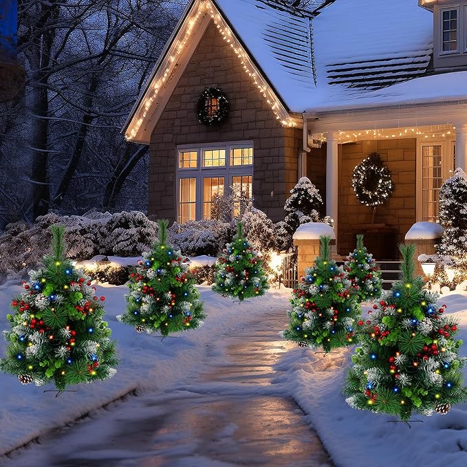 2 Pack Christmas Decorations Outdoor - 30" Pre-Lit Outdoor Christmas Tree with Lights, Prelit Planter Bushes with Remote, Christmas Planter Urn Filler for Front Porch Pathway Yard Garden Holiday Decor