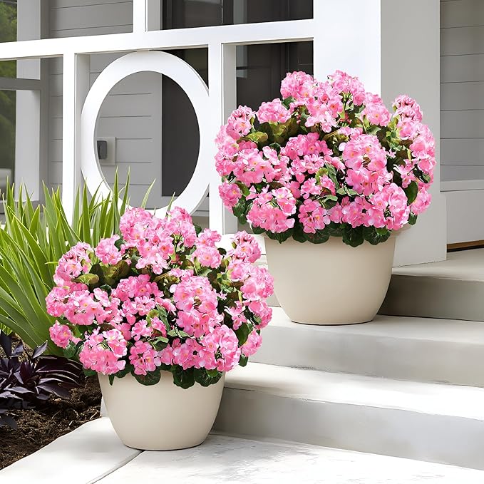 famibay Artificial Flowers for Outdoor Indoor Garden Home Decoration, 8 Bundles Silk Geraniums UV Resistant Look Real Faux Plants for Front Door Porch Planter Urn Patio Garden,Pink