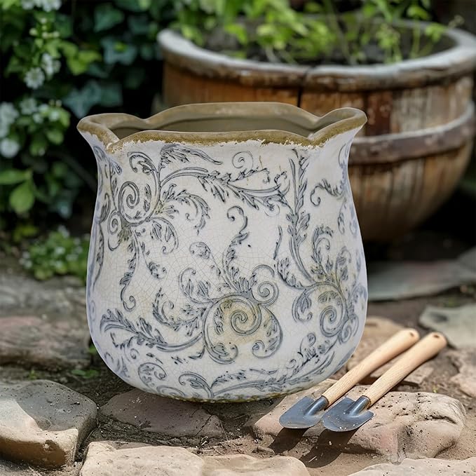 Rustic Ceramic Planter, 6 Inch Tuscan Vintage Flower Pot with Drainage, Farmhouse Garden Pot for Indoor Plants, Kitchen & Garden Tuscan Decor, Plant Lover Gift (Grey)