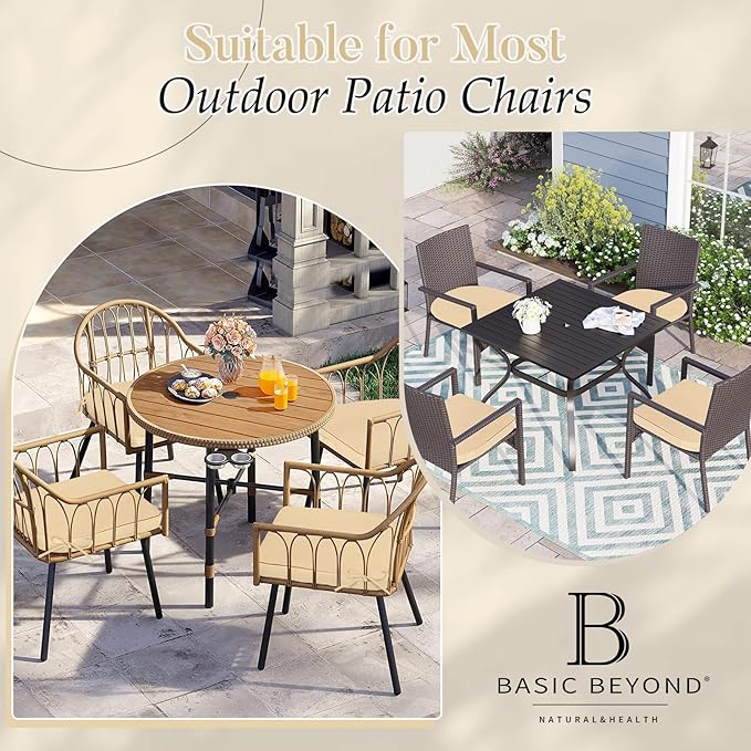 Basic Beyond Outdoor Cushions for Patio Furniture Waterproof Outdoor Chair Cushions Set of 4-19 x 19 x 3 Inch Thick Patio Chair Cushions with Adjustable Ties, Beige