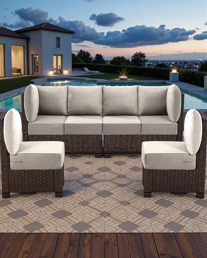 Luxury 24x24x6 Outdoor Seat Cushions for 6-Seat Sectional Sofa Set of 6 - Water-Repellent 14-Piece Patio Cushion Set for Outside Rattan Wicker Loveseat Chair L-Shape Couch - Beige/Classic