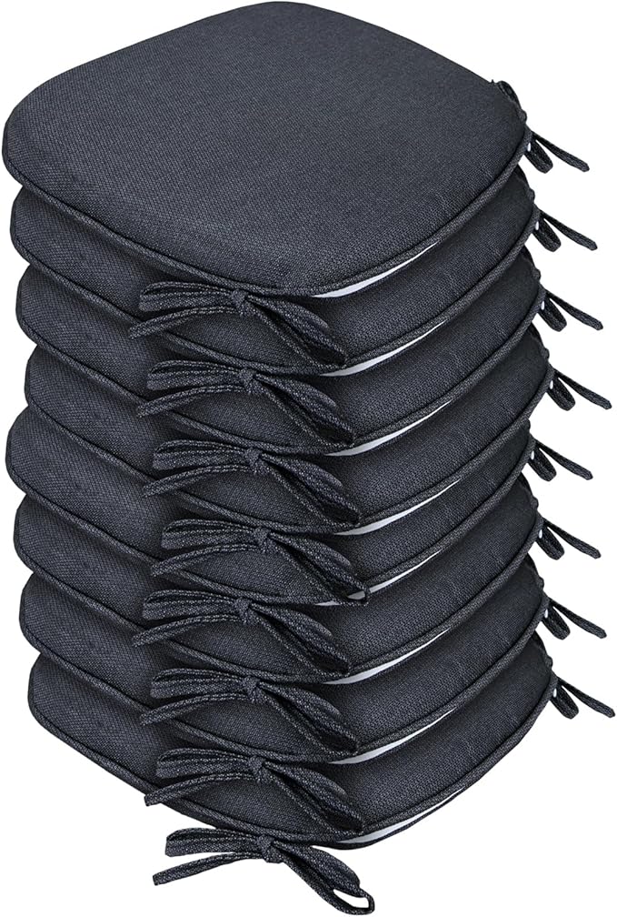 SleepMan Outdoor 17"x16" Chair Cushions with Ties Set of 8, Water Resistant All Weather U-Shape Seat Pads for Patio Garden Furniture Indoor Fade Resistant Patio Cushions (Grey Black)