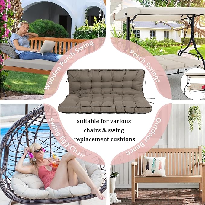 2-3 Seat Swing Replacement Cushion, Outdoor Bench Cushions with Backrest Thicken 4", Patio Furniture Garden Porch Loveseat Glider Pad Anti-Fading Waterproof (Khaki, 40x63in-thicken)
