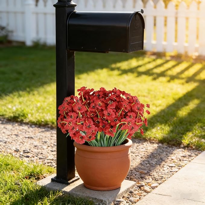 AmyHomie 20 Bundles Artificial Flowers for Outdoor UV Resistant Faux Flowers No Fade Fake Plastic Plants Garden Porch Window Box Decorating(Red)