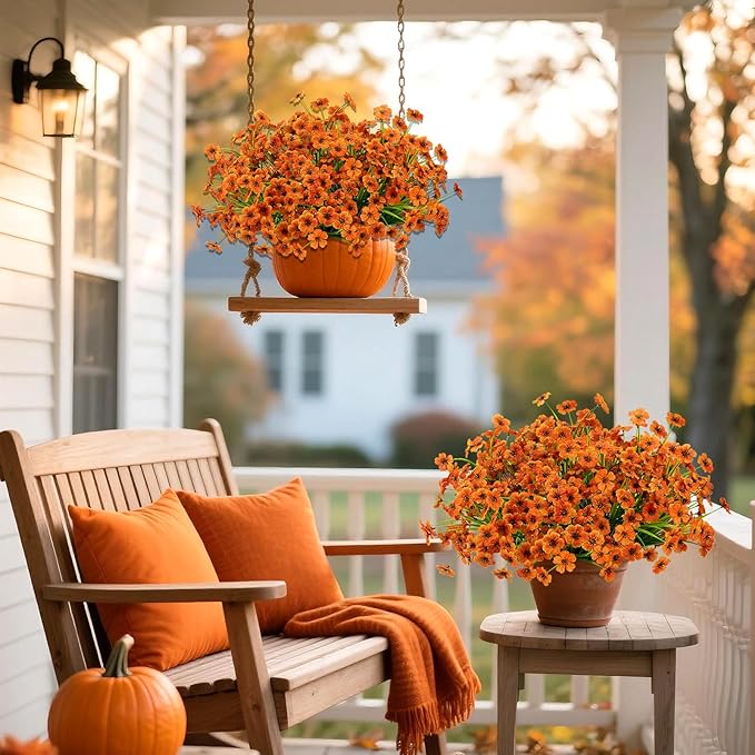 Artificial Mums Fall Fake Flowers for Outdoors, 12 Bundles Faux Mums for Outdoor Planters Autumn Decorations,UV Resistant Silk Flowers for Front Porch Garden Patio Home Decor(Orange)