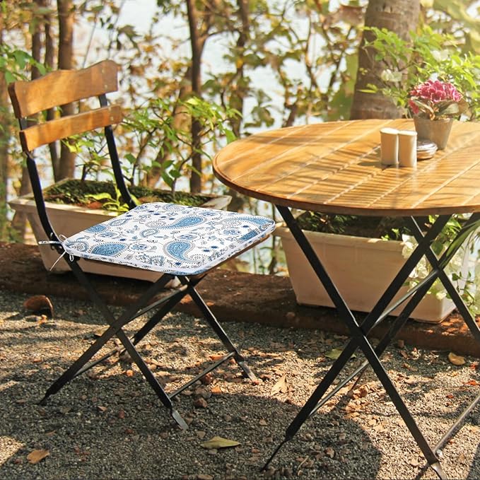 GUEGLSA Outdoor Indoor Waterproof Seat Cushions,16x16 Inches Patio Chair Cushion with Ties,Machine Washable Seat Pad for Home Garden Kitchen Dining Office Chair,Set of 2, Blue Paisley