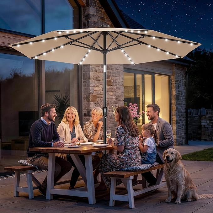 AreShark 9FT Patio Umbrella with Solar Lights, 32 LED Lighted Pool Umbrella w/Tilt and Crank, Outdoor Market Solar Umbrellas for Garden, Deck, Backyard, Pool and Beach, Beige