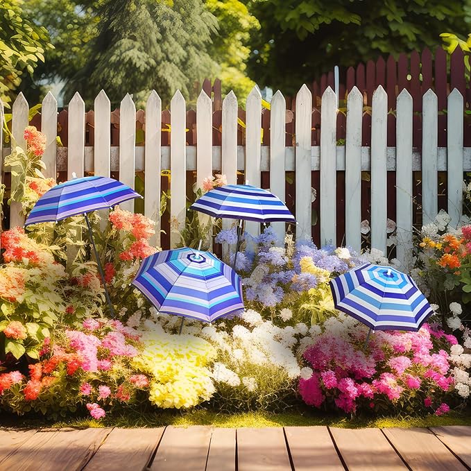 Abbylike 4 Set Plant Umbrellas for Outdoor Plants, Garden Umbrella Shade for Potted Plants and Garden Beds Plant Cover for Sun Summer Beach Terrace Lawn Swimming Pool (Stripe,Blue and White)